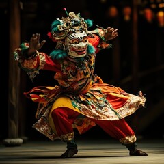A dancer in vibrant ceremonial costume, dynamic pose