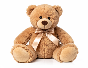 Plush Teddy Bear with Ribbon sitting pose, neutral color, isolated on white backgroun