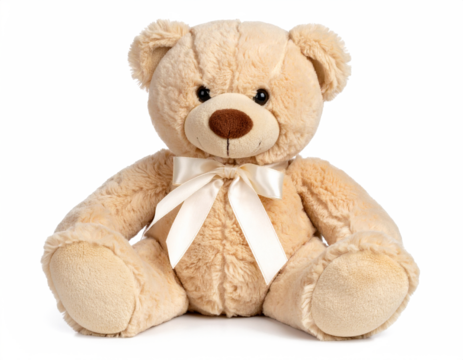Plush Teddy Bear with Ribbon sitting pose, neutral color, isolated on white backgroun
