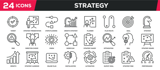 Set of collection line icons related strategy, plan, tactic. Editable stroke. Perfect pixel on transparent background