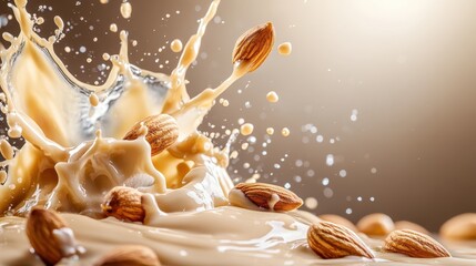 An artful splash of almond milk contrasts with scattered almonds, highlighting the textural and visual appeal of this delicious and nutritious beverage representation.