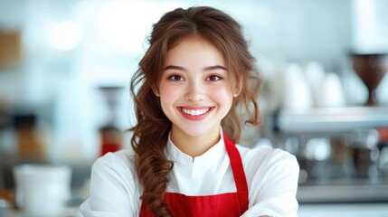 This cheerful image captures a smiling chef wearing a red apron, radiating warmth and joy in a bright kitchen, embodying the passion for culinary arts.