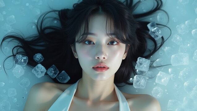 Luxury Winter Fashion portrait of an Asian woman lying gracefully on a white bed of shimmering ice cubes. 