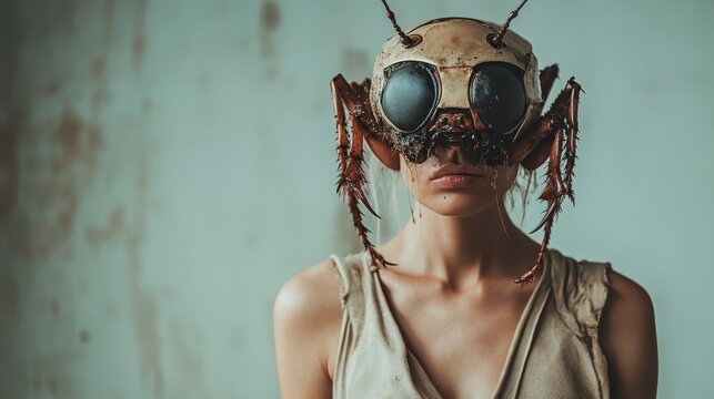 This thought-provoking image features a woman adorned with insect-inspired headgear, blending the boundaries between reality and the surreal in a striking way.