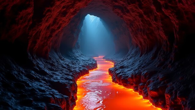 Molten Lava Cave with glowing molten river 