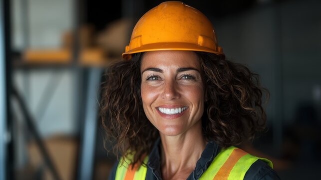 A smiling woman wearing a hard hat and safety vest stands professionally in a construction setting, radiating confidence and empowerment in her role as a leader in the industry.