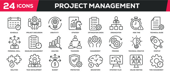 Set of collection line icons related project management, planning, improvement. Editable stroke. Perfect pixel on transparent background