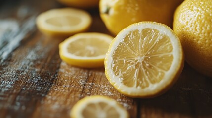 Vibrant lemons sliced open reveal their juicy interiors, artistically arranged on a rustic wooden table, evoking freshness and a sense of culinary delight in the imagery.