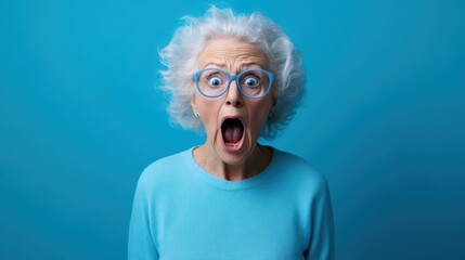 An elderly woman with wild hair and glasses captures the essence of shock with an open mouth, offering a relatable expression of surprise in a bright blue background.