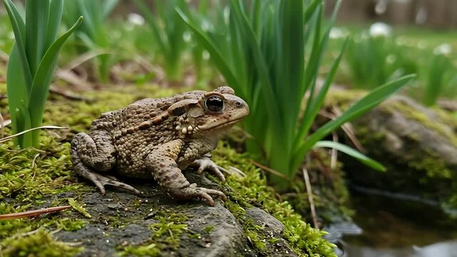 Captivating Toad Portrait in Natural Habitat with Lush Greenery and Mossy Textures