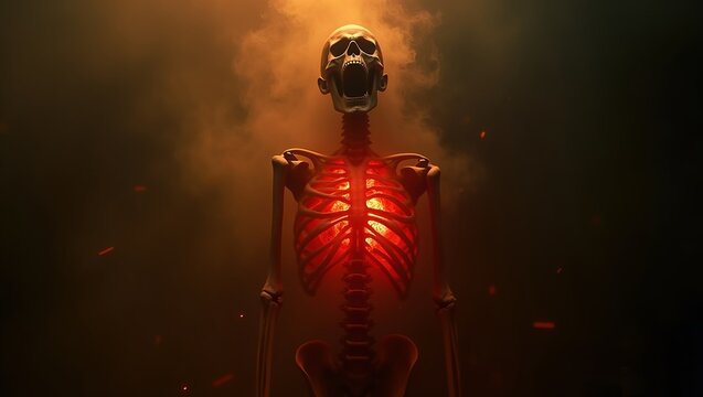 Surreal Skeletal Figure with Glowing Chest in Ethereal Mist seemingly screaming or exhaling into a dark chest radiates an intense red energy, glowing vividly against the shadowy backdrop