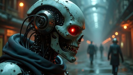 Fototapeta premium Cyborg Cenobite in Dystopian Biomechanical World wears gothic, metallic armor adorned with exposed circuitry and wires glowing red eyes