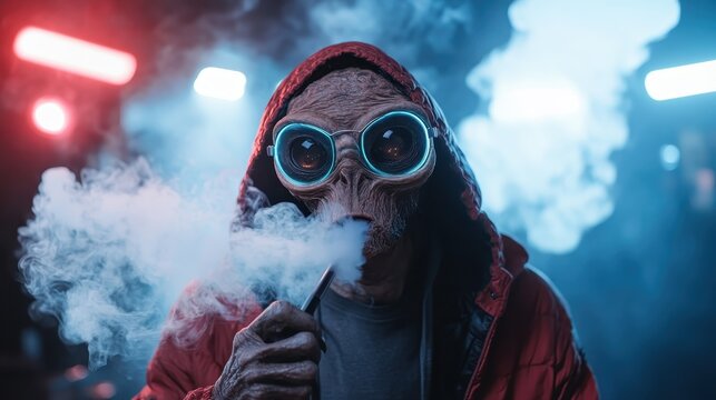 An enigmatic alien figure wearing stylish glasses and a red hoodie, smoking amidst swirling smoke, capturing a blend of intrigue and modern mystery in this striking portrait.