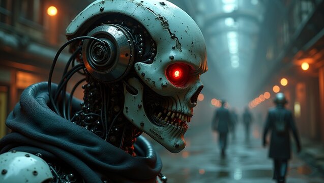 Cyborg Cenobite in Dystopian Biomechanical World wears gothic, metallic armor adorned with exposed circuitry and wires glowing red eyes