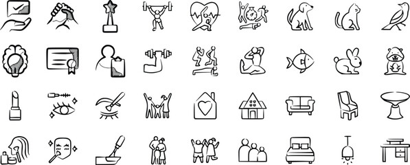 Hand Drawn Black and White Icon Set Lifestyle Wellness Family Home