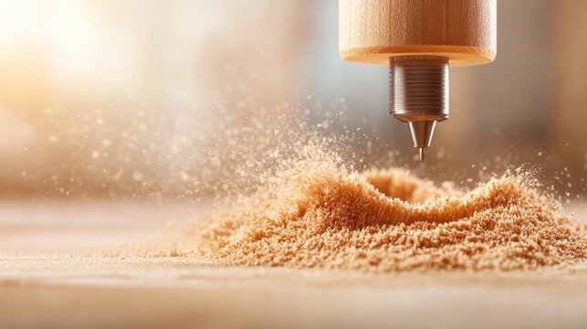 A close-up view of a cutting tool above a wooden surface, releasing fine wood shavings, showcasing precision craftsmanship and the art of woodworking.