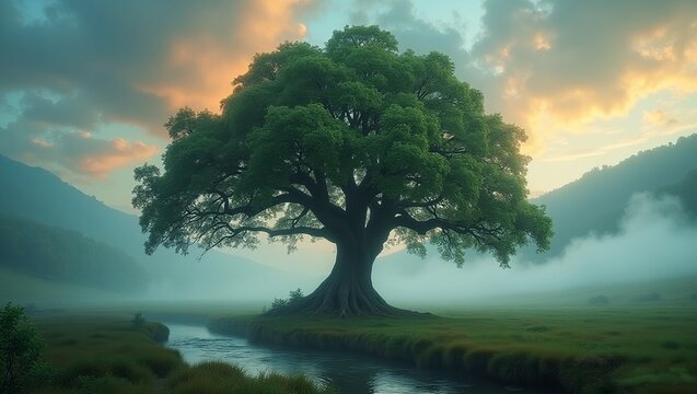 Ancient Oak Tree in Misty Valley with Vibrant Sky