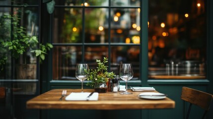 An inviting table setting at a cozy cafe, featuring elegant glassware and lush greenery, inviting guests to enjoy a warm dining experience in a beautiful ambiance.