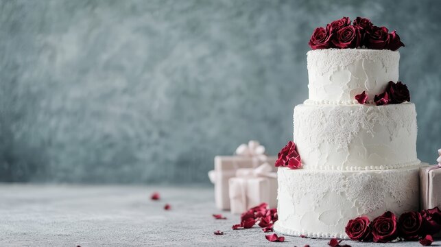 A beautifully designed white wedding cake featuring delicate lace patterns and adorned with rich red roses, perfect for romantic celebrations and memorable occasions.