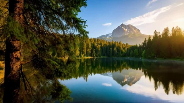 Tranquil mountain lake surrounded by evergreen trees reflecting a snow capped peak in calm water and bright grassy foreground at sunrise