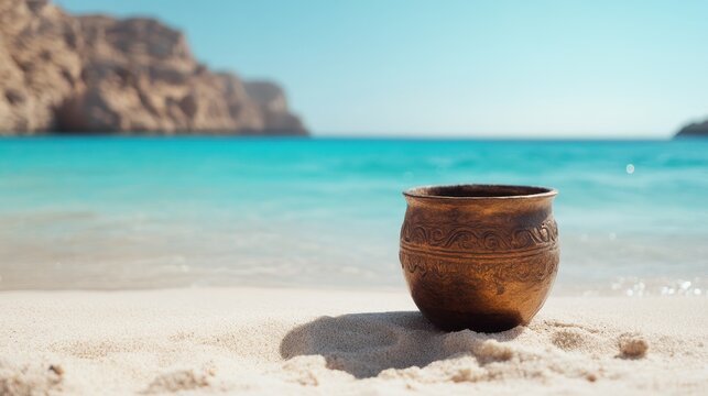 A beautifully crafted ceramic pot resting on soft sandy beach beside stunning turquoise water, reflecting the serene and tranquil ambiance of the seaside setting.