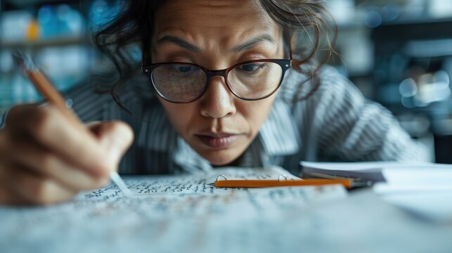 A focused woman with glasses engrossed in writing, capturing the essence of creativity and the deep concentration often needed for artistic expression and reflection.