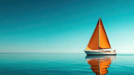 A solitary sailboat with an orange sail glides smoothly on tranquil waters, reflecting its beauty against the serene blue sky and calmness of nature.