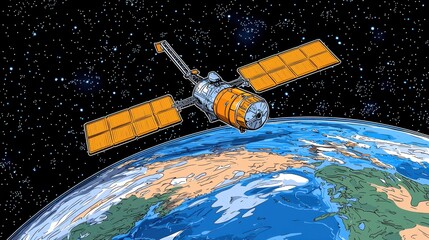 Obraz premium Pixel Art Satellite Orbiting Earth in Space