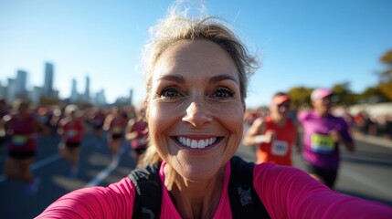A smiling woman captures the moment as she participates in a vibrant marathon, representing fitness, determination, and the joy of shared experiences among runners.