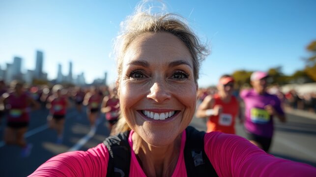 A smiling woman captures the moment as she participates in a vibrant marathon, representing fitness, determination, and the joy of shared experiences among runners.