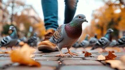 Obraz premium A charming pigeon waddles through a cobblestone path scattered with autumn leaves, capturing the essence of urban wildlife and the beauty of change in nature's seasons.