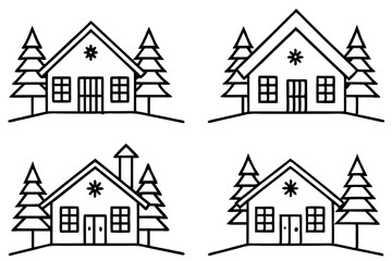 Peaceful Snowy Cottage Line Art
