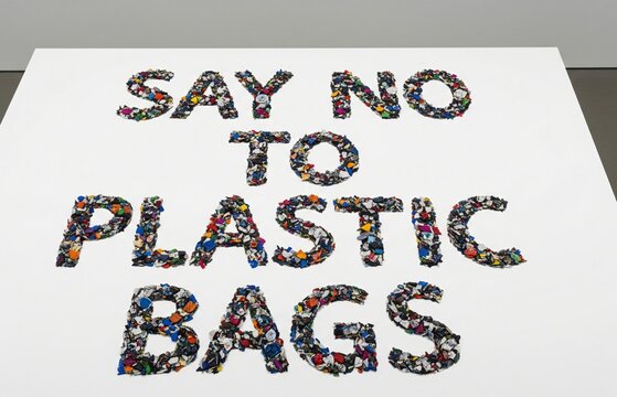 Reused plastic waste becomes protest art with the words “Say No to Plastic Bags” for International Plastic Bag Free Day promotion.