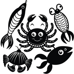 Black and White Fish Illustration Collection, seafood vector on white background