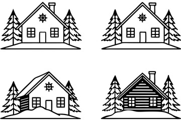 Peaceful Snowy Cottage Line Art