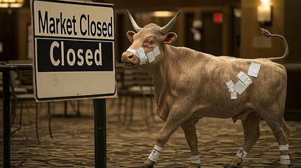 bull with band-aids on its body, limping past a "Market Closed" sign, with empty trading floors in the background. [Sick Bull]:[Stock Market] Injured market, financial shutdown, economic limp, 