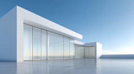 Modern minimalist building with large glass windows under a clear blue sky