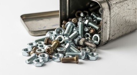 Assorted nuts and bolts spilling from metal container on white surface