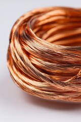 Close-up view of industrial grade coiled copper wire on a clean white background