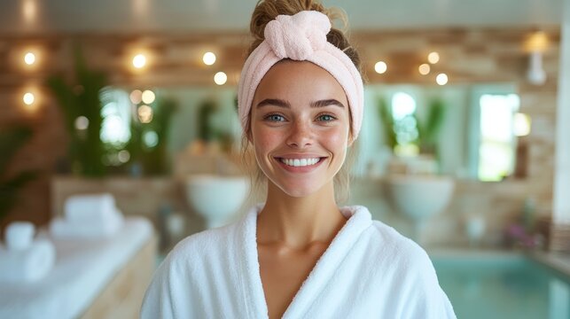 A cheerful young woman wearing a cozy robe and a pink headband smiles warmly, embodying relaxation and rejuvenation against a backdrop of a soothing spa environment.