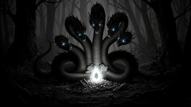 A multi-headed serpent creature surrounded by a dark forest, glowing crystal at its center