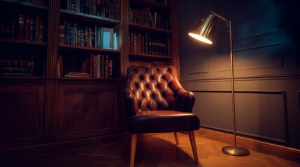 Cozy reading room interior with leather armchair, wooden bookshelf filled with books, warm floor lamp lighting, and elegant classic library atmosphere designed for relaxation and study
