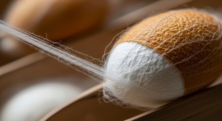 Close-up of white silk yarn being reeled from a cocoon in a textile workshop