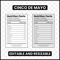 Cinco de Mayo nutrition facts

Cinco de Mayo label design

Mexican fiesta nutrition facts

Cinco de Mayo party label

Cinco de Mayo infographic

margarita nutrition facts

taco nutrition label

Cinco 