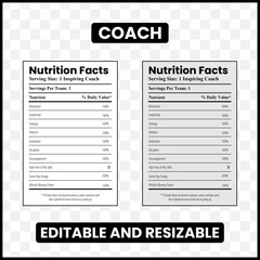 coach nutrition facts

sports coach label

fitness coach nutrition facts

motivational coach facts

coach appreciation design

coach infographic label

team coach nutrition label

athletic coach nutri