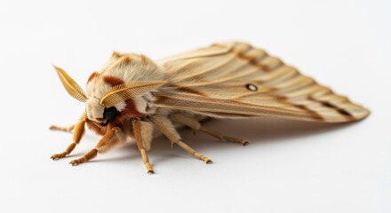 Silkworm moth close-up on white clean background showcasing fine details and textures