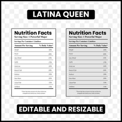 latina queen nutrition facts  
latina nutrition label  
funny latina design  
queen personality traits  
latina pride label  
hispanic woman nutrition  
latina empowerment gift  
daily value latina  
