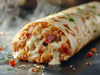 A close-up of a cheesy wrap filled with chicken and vegetables, looking delicious. The melted cheese and fresh ingredients make it very appetizing.