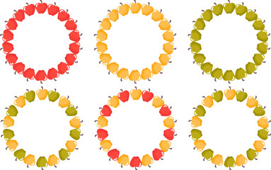 Vector set of round apple frames. Round frames with fruits, autumn theme, posters and packaging. Simple flat style isolated on white background, perfect for seasonal compositions and decorative elemen