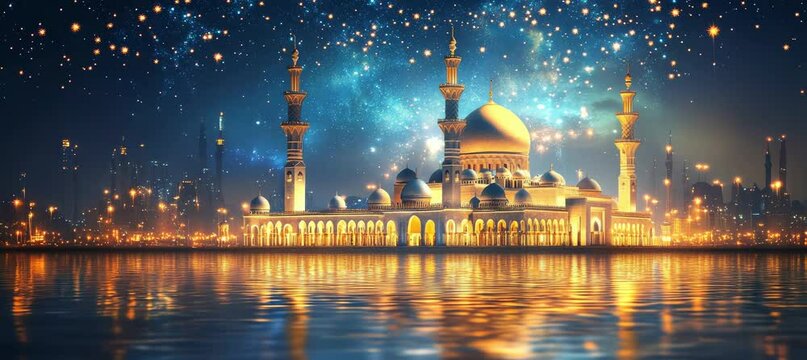 Grand mosque building with night starry sky. Eid Al Fitr Ramadan Kareem. Generative AI technology.	
